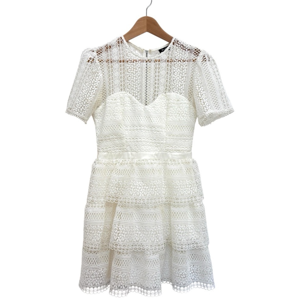 Bardot Crochet Lace Ava Tiered Mini Dress Bridal Bachelorette Ivory Small US 6 - Picture 3 of 14